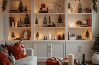 bookshelf decorated for Christmas